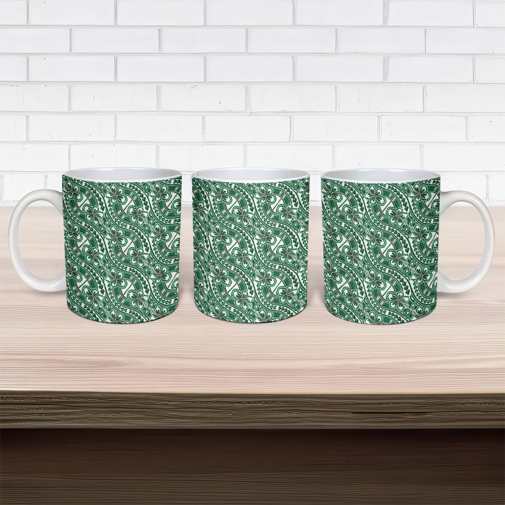 Hibiscus Bloom Island Tribal Waves Ceramic Mug Green Polynesian Pattern