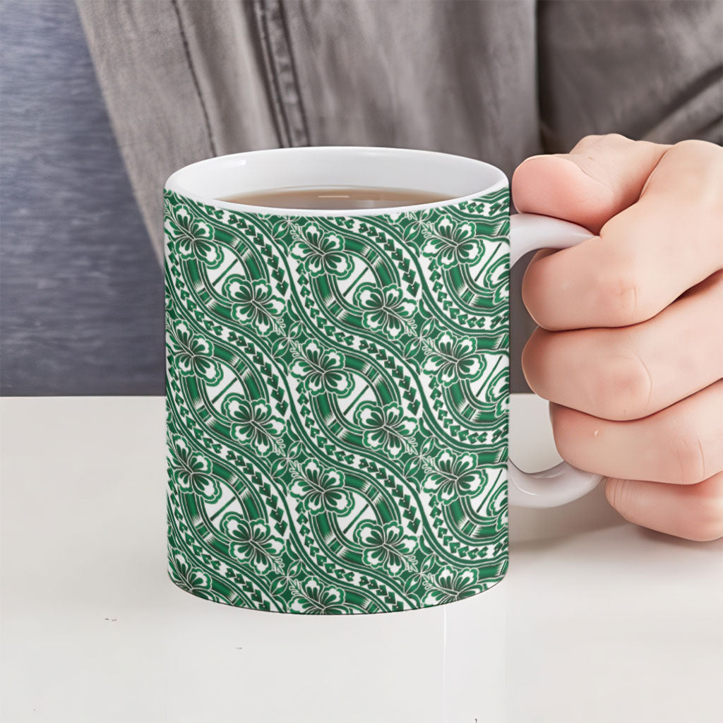 Hibiscus Bloom Island Tribal Waves Ceramic Mug Green Polynesian Pattern