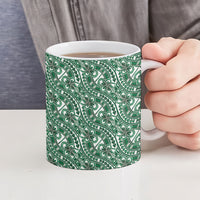 Hibiscus Bloom Island Tribal Waves Ceramic Mug Green Polynesian Pattern
