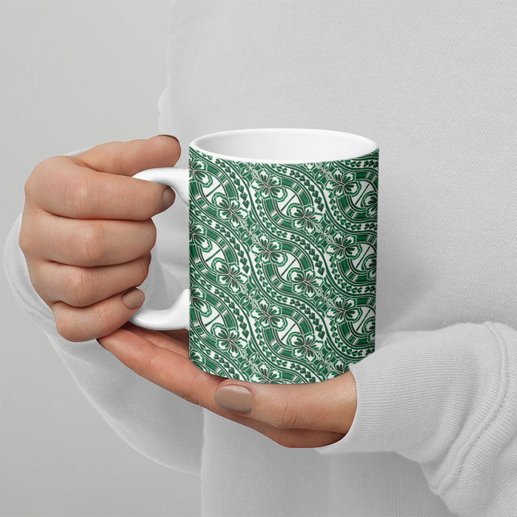 Hibiscus Bloom Island Tribal Waves Ceramic Mug Green Polynesian Pattern