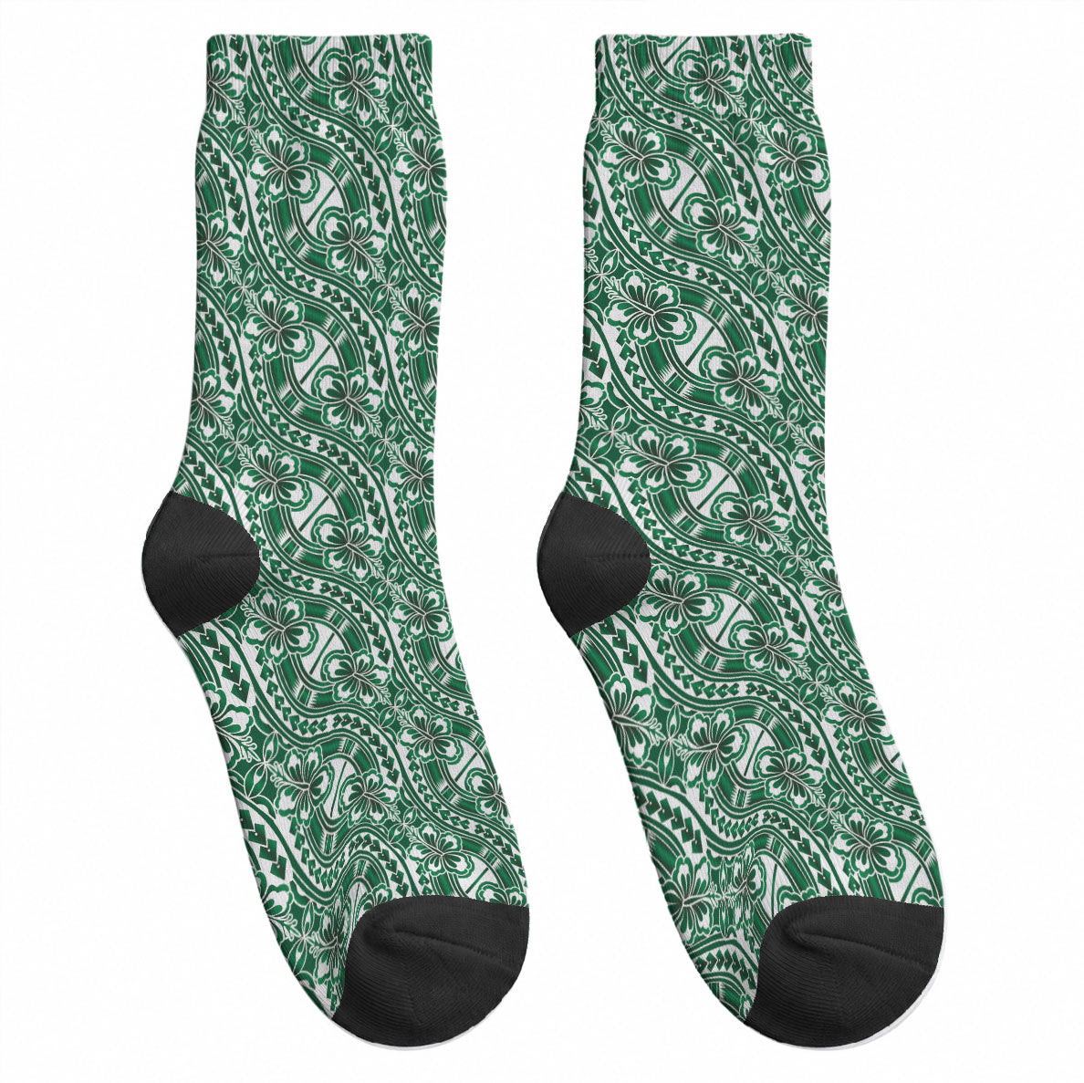 Hibiscus Bloom Island Tribal Waves Crew Socks Green Polynesian Pattern