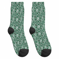 Hibiscus Bloom Island Tribal Waves Crew Socks Green Polynesian Pattern