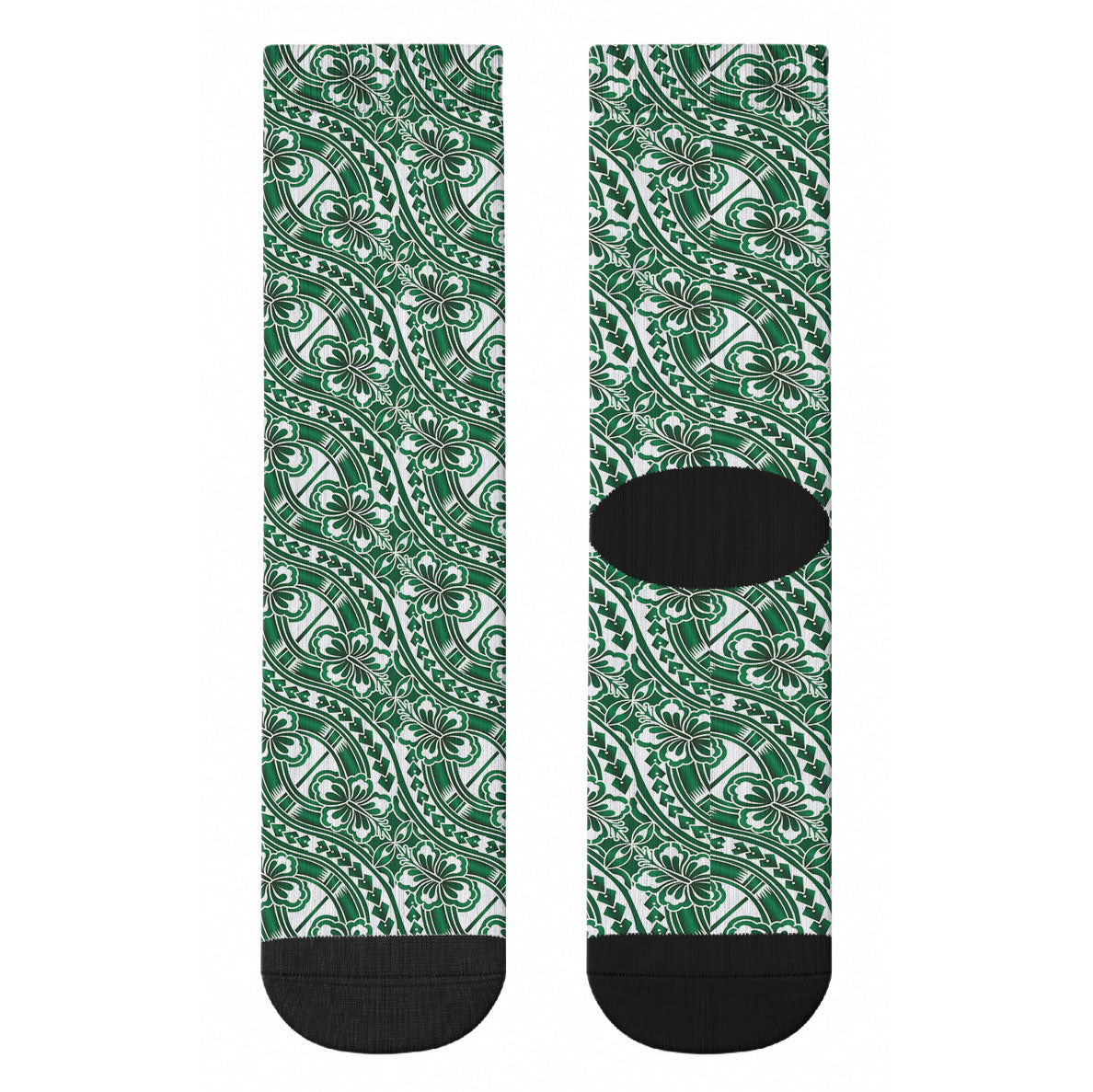 Hibiscus Bloom Island Tribal Waves Crew Socks Green Polynesian Pattern