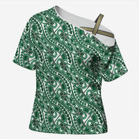Hibiscus Bloom Island Tribal Waves Cross Shoulder Shirt Green Polynesian Pattern LT01 Female Green - Polynesian Pride