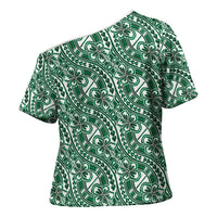 Hibiscus Bloom Island Tribal Waves Cross Shoulder Shirt Green Polynesian Pattern LT01 - Polynesian Pride