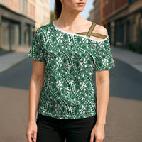 Hibiscus Bloom Island Tribal Waves Cross Shoulder Shirt Green Polynesian Pattern LT01 - Polynesian Pride
