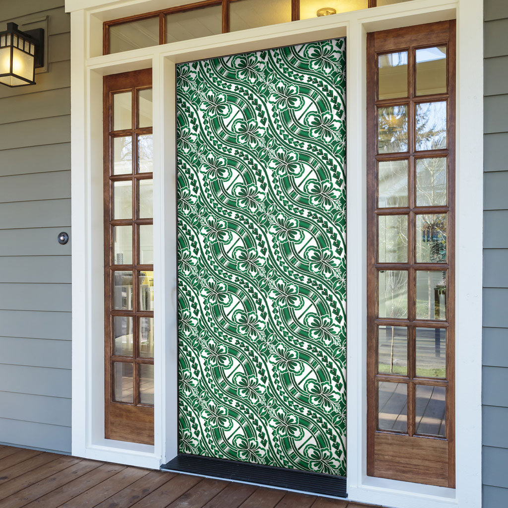 Hibiscus Bloom Island Tribal Waves Door Cover Green Polynesian Pattern