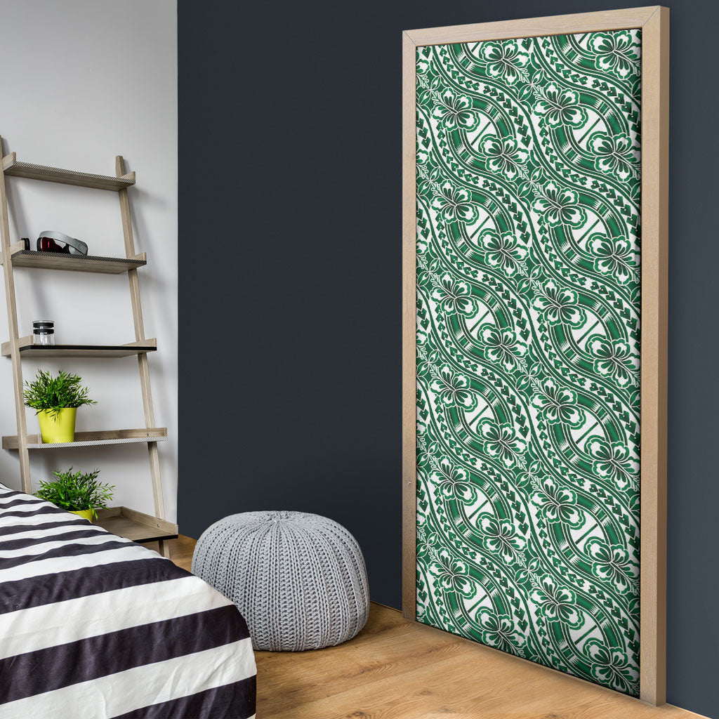 Hibiscus Bloom Island Tribal Waves Door Cover Green Polynesian Pattern