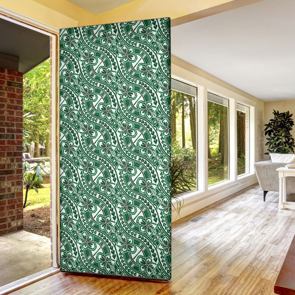 Hibiscus Bloom Island Tribal Waves Door Cover Green Polynesian Pattern
