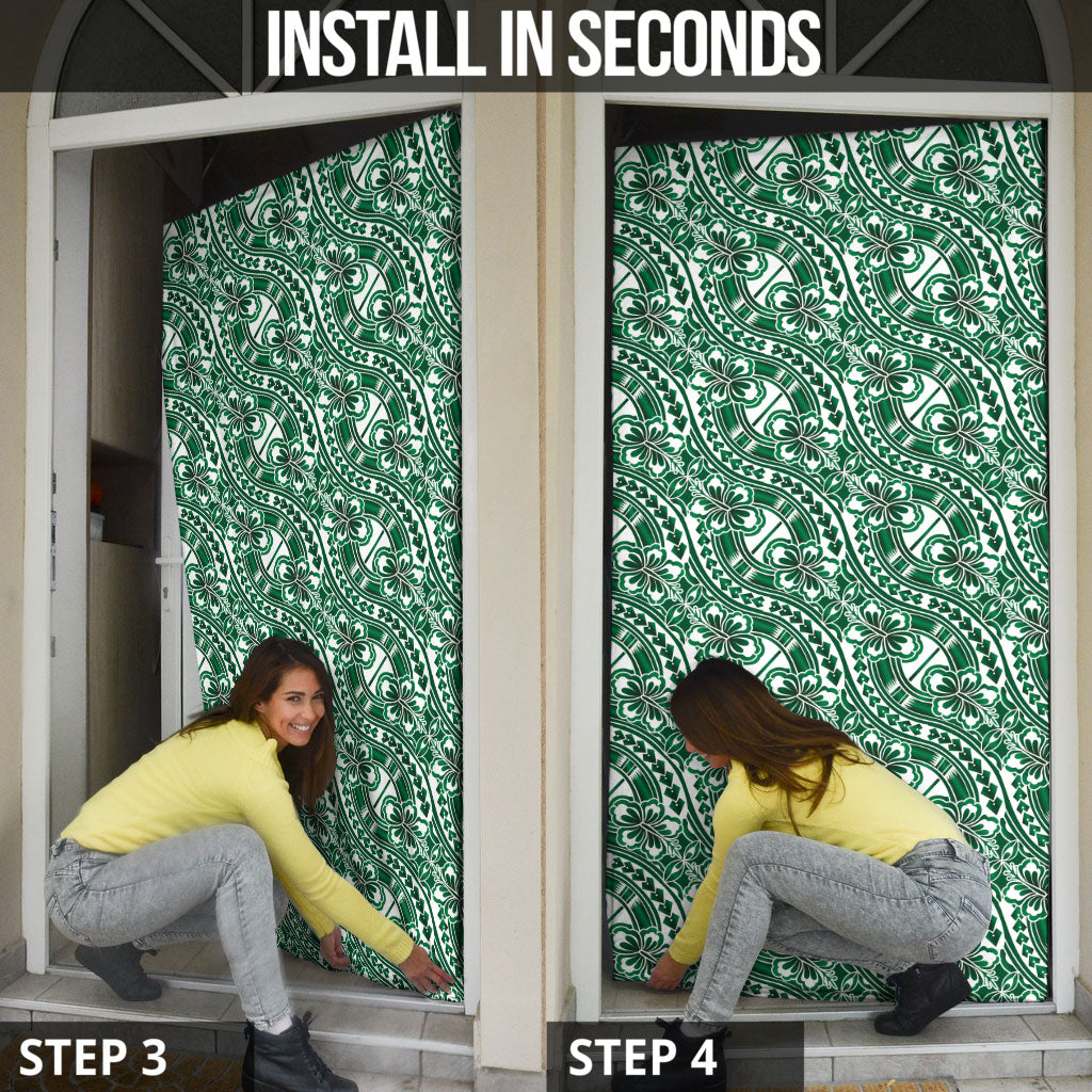 Hibiscus Bloom Island Tribal Waves Door Cover Green Polynesian Pattern