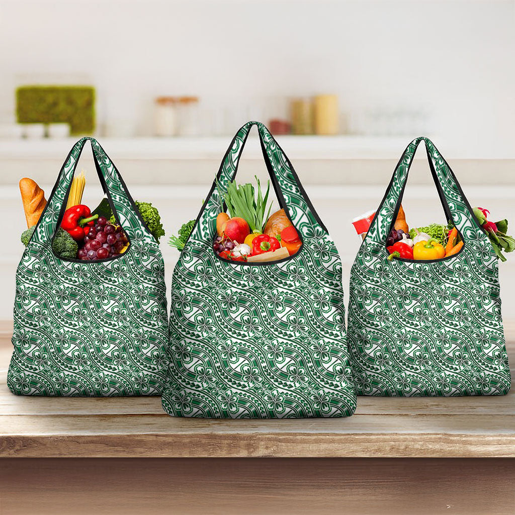 Hibiscus Bloom Island Tribal Waves Grocery Bag Green Polynesian Pattern