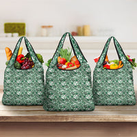 Hibiscus Bloom Island Tribal Waves Grocery Bag Green Polynesian Pattern