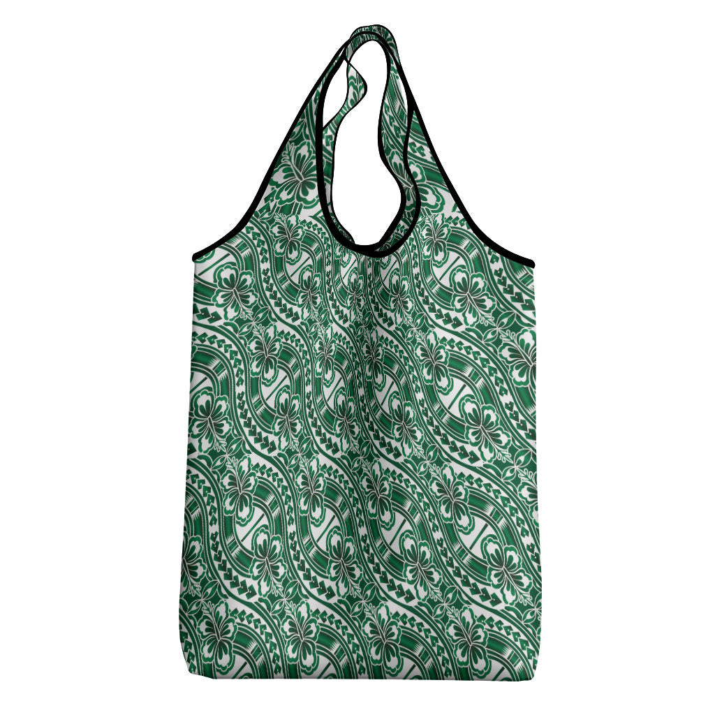 Hibiscus Bloom Island Tribal Waves Grocery Bag Green Polynesian Pattern