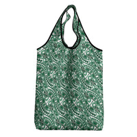 Hibiscus Bloom Island Tribal Waves Grocery Bag Green Polynesian Pattern