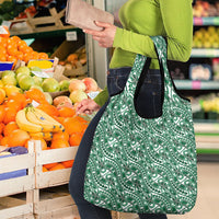 Hibiscus Bloom Island Tribal Waves Grocery Bag Green Polynesian Pattern