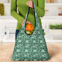 Hibiscus Bloom Island Tribal Waves Grocery Bag Green Polynesian Pattern
