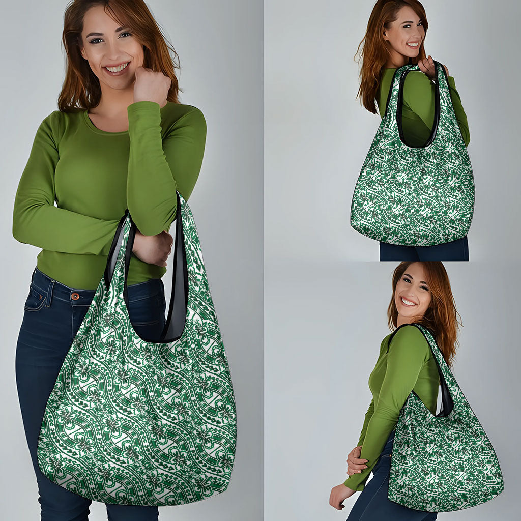 Hibiscus Bloom Island Tribal Waves Grocery Bag Green Polynesian Pattern