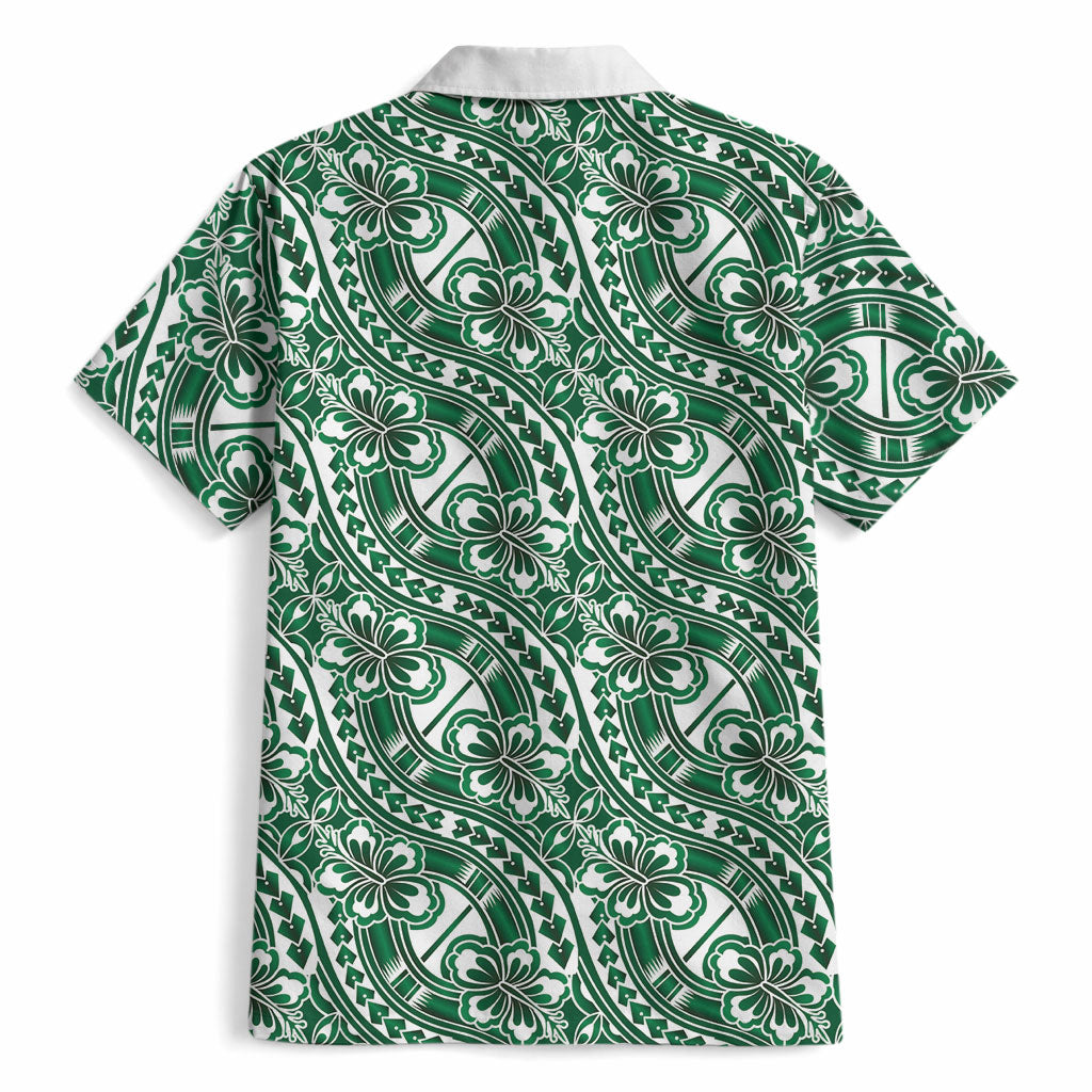 Hibiscus Bloom Island Tribal Waves Hawaiian Shirt Green Polynesian Pattern