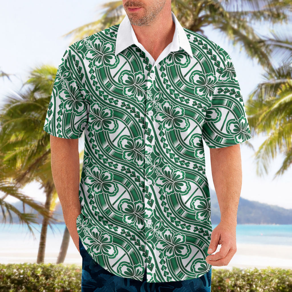 Hibiscus Bloom Island Tribal Waves Hawaiian Shirt Green Polynesian Pattern
