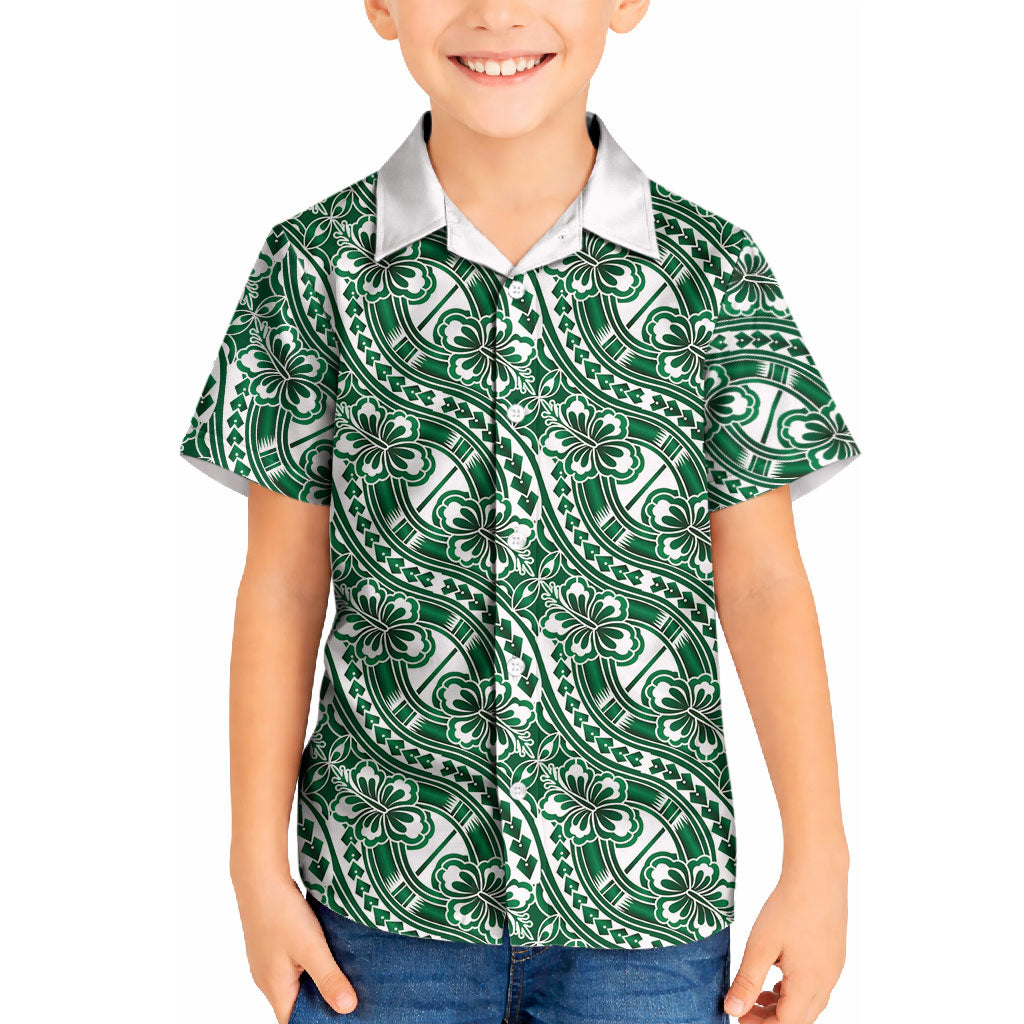 Hibiscus Bloom Island Tribal Waves Kid Hawaiian Shirt Green Polynesian Pattern