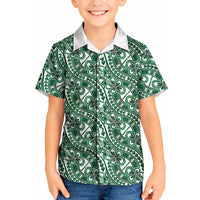 Hibiscus Bloom Island Tribal Waves Kid Hawaiian Shirt Green Polynesian Pattern