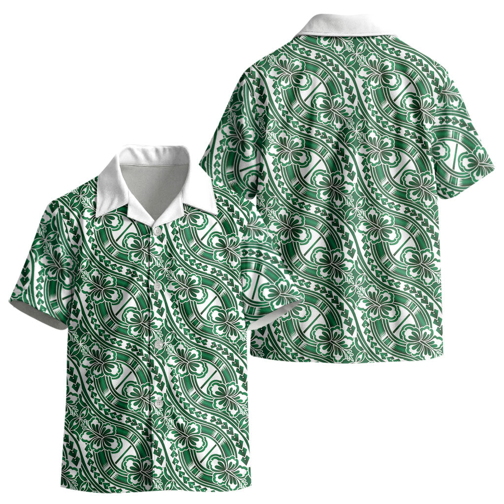 Hibiscus Bloom Island Tribal Waves Kid Hawaiian Shirt Green Polynesian Pattern