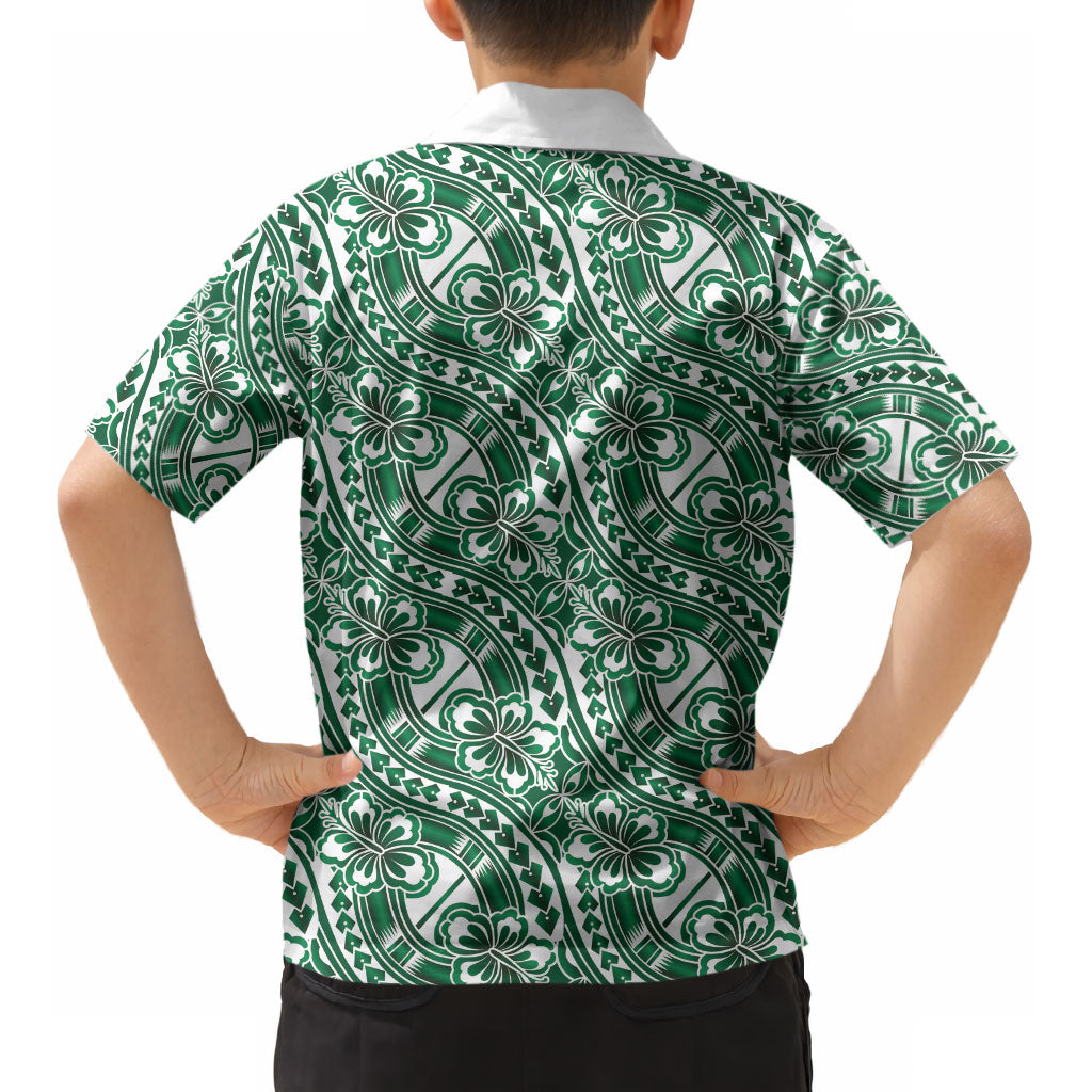 Hibiscus Bloom Island Tribal Waves Kid Hawaiian Shirt Green Polynesian Pattern