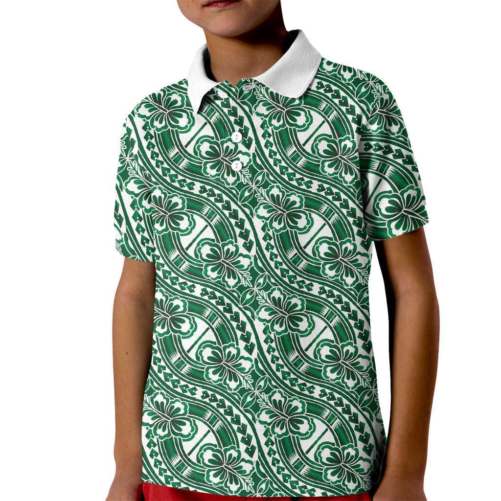 Hibiscus Bloom Island Tribal Waves Kid Polo Shirt Green Polynesian Pattern