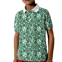 Hibiscus Bloom Island Tribal Waves Kid Polo Shirt Green Polynesian Pattern