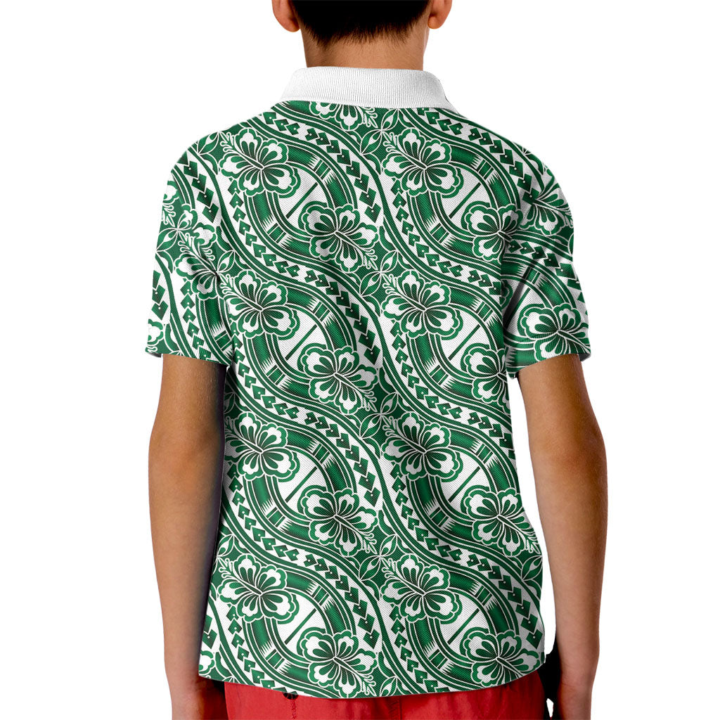Hibiscus Bloom Island Tribal Waves Kid Polo Shirt Green Polynesian Pattern