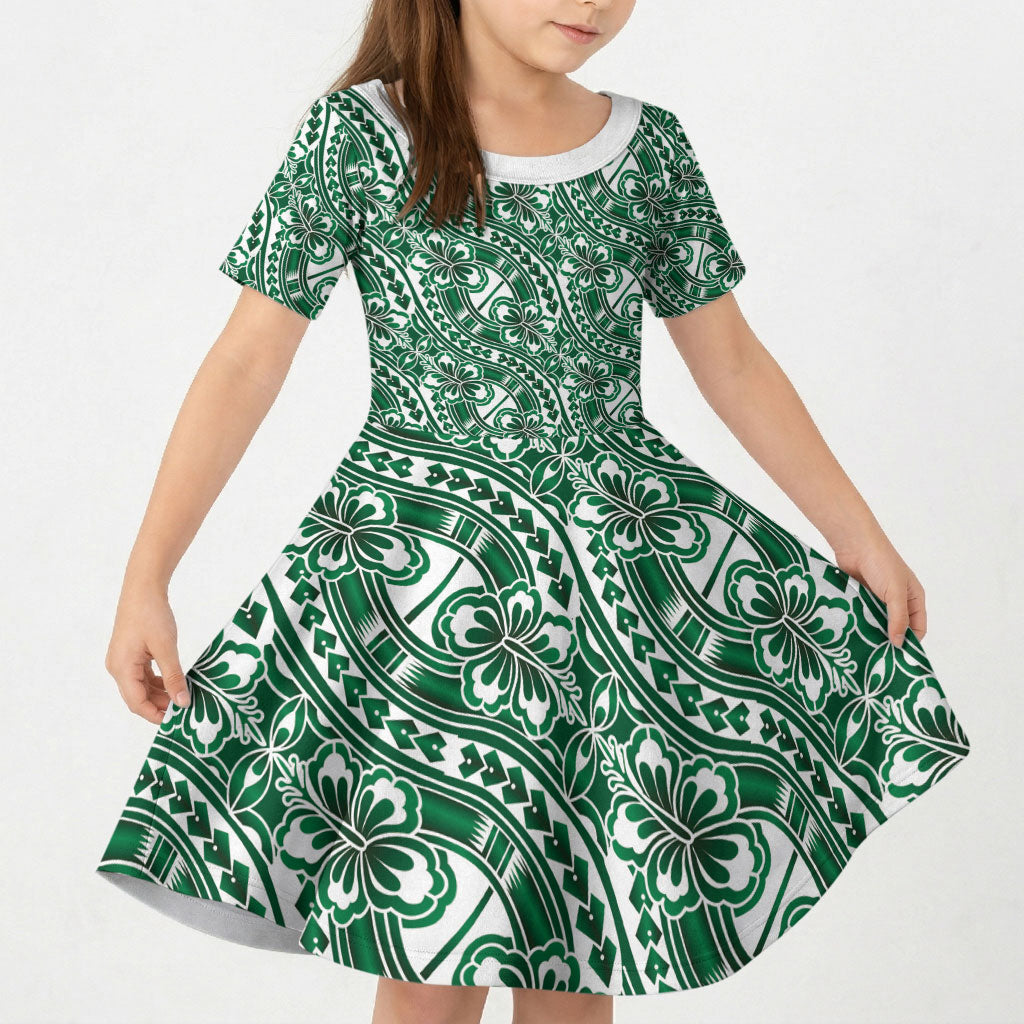 Hibiscus Bloom Island Tribal Waves Kid Short Sleeve Dress Green Polynesian Pattern LT01 KID Green - Polynesian Pride