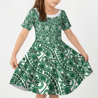 Hibiscus Bloom Island Tribal Waves Kid Short Sleeve Dress Green Polynesian Pattern LT01 KID Green - Polynesian Pride