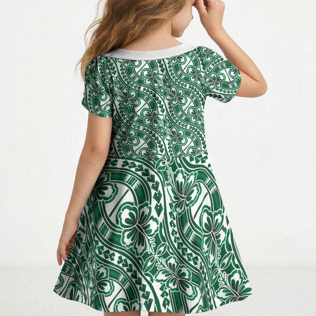 Hibiscus Bloom Island Tribal Waves Kid Short Sleeve Dress Green Polynesian Pattern LT01 - Polynesian Pride
