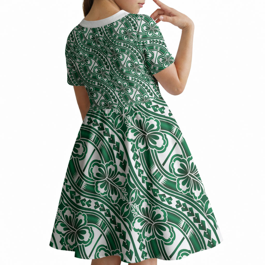 Hibiscus Bloom Island Tribal Waves Kid Short Sleeve Dress Green Polynesian Pattern LT01 - Polynesian Pride