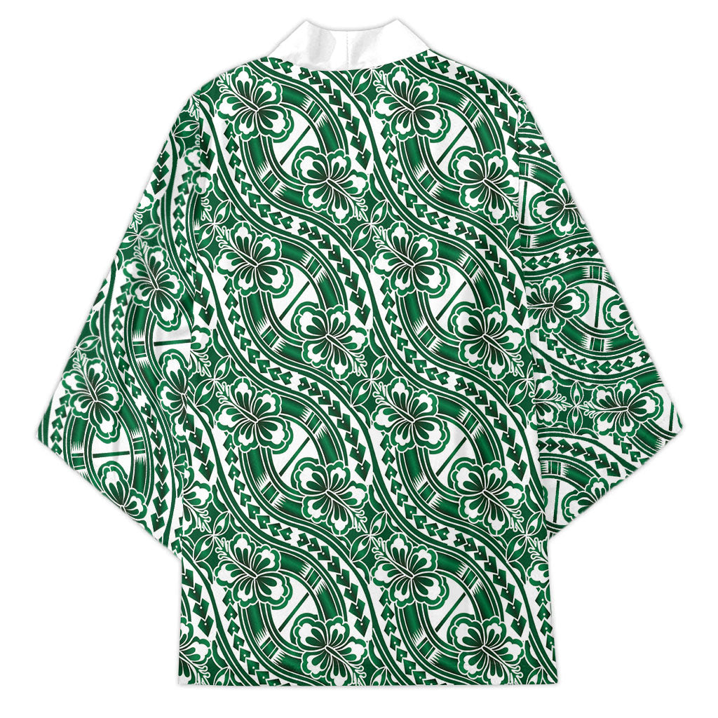 Hibiscus Bloom Island Tribal Waves Kimono Green Polynesian Pattern