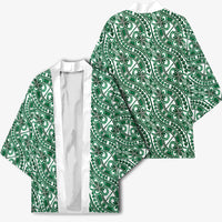 Hibiscus Bloom Island Tribal Waves Kimono Green Polynesian Pattern