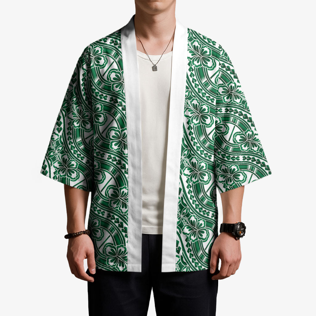 Hibiscus Bloom Island Tribal Waves Kimono Green Polynesian Pattern