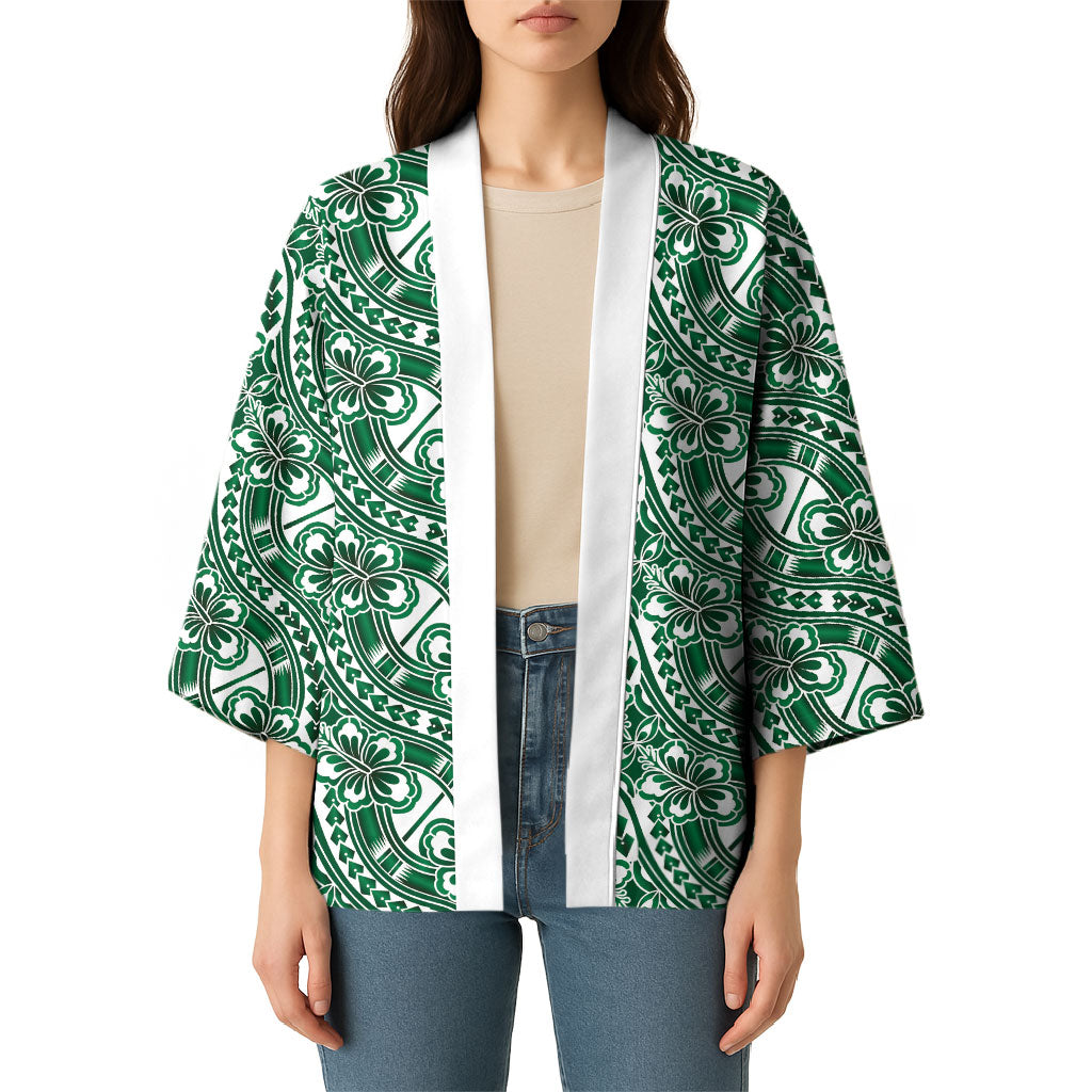 Hibiscus Bloom Island Tribal Waves Kimono Green Polynesian Pattern