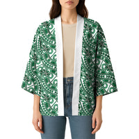 Hibiscus Bloom Island Tribal Waves Kimono Green Polynesian Pattern