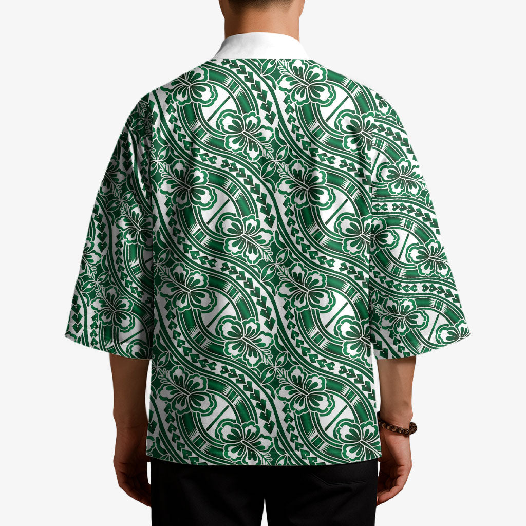 Hibiscus Bloom Island Tribal Waves Kimono Green Polynesian Pattern