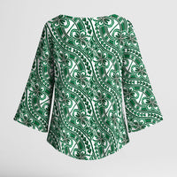 Hibiscus Bloom Island Tribal Waves Kimono Sleeve Blouse Green Polynesian Pattern LT01 - Polynesian Pride