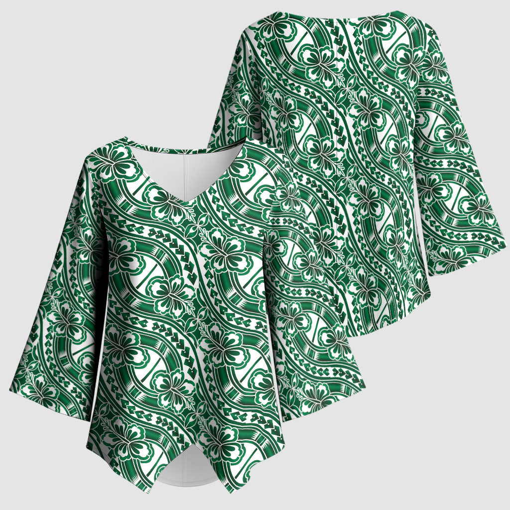 Hibiscus Bloom Island Tribal Waves Kimono Sleeve Blouse Green Polynesian Pattern LT01 - Polynesian Pride