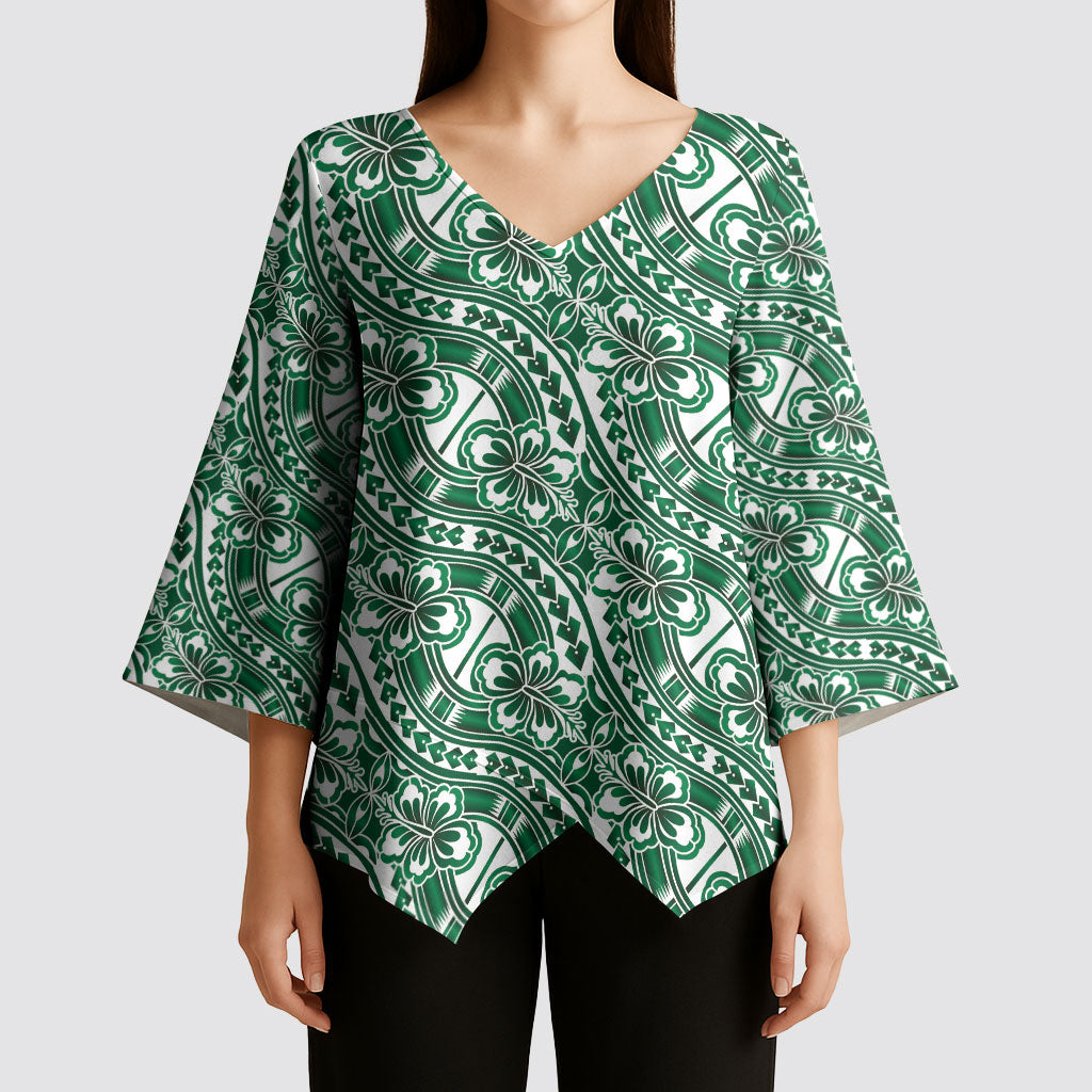 Hibiscus Bloom Island Tribal Waves Kimono Sleeve Blouse Green Polynesian Pattern LT01 - Polynesian Pride
