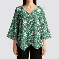 Hibiscus Bloom Island Tribal Waves Kimono Sleeve Blouse Green Polynesian Pattern LT01 - Polynesian Pride