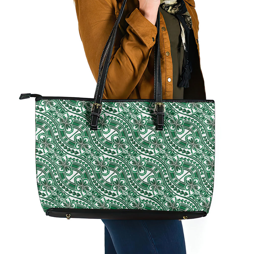 Hibiscus Bloom Island Tribal Waves Leather Tote Bag Green Polynesian Pattern LT01 - Polynesian Pride