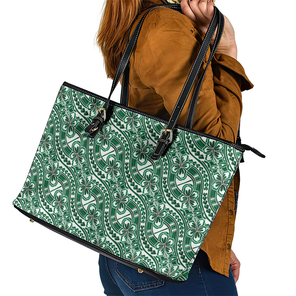 Hibiscus Bloom Island Tribal Waves Leather Tote Bag Green Polynesian Pattern LT01 - Polynesian Pride