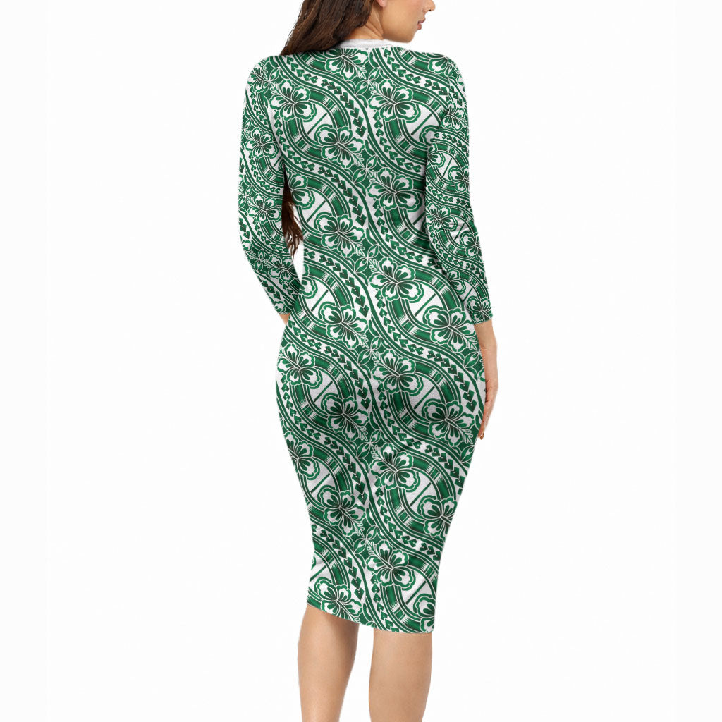 Hibiscus Bloom Island Tribal Waves Long Sleeve Bodycon Dress Green Polynesian Pattern LT01 - Polynesian Pride
