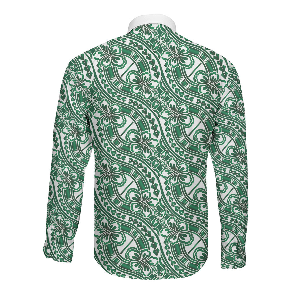 Hibiscus Bloom Island Tribal Waves Long Sleeve Button Shirt Green Polynesian Pattern