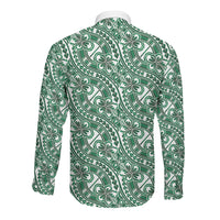 Hibiscus Bloom Island Tribal Waves Long Sleeve Button Shirt Green Polynesian Pattern