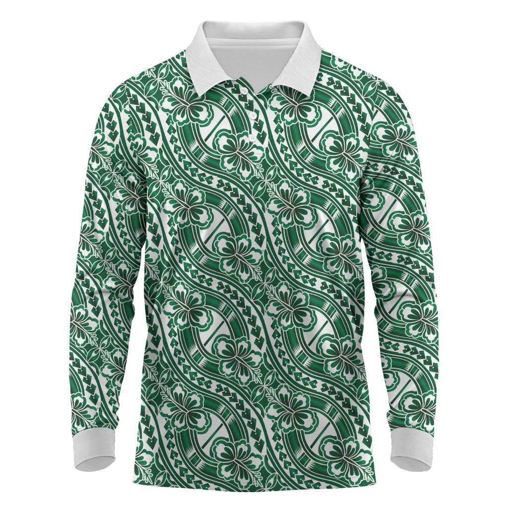 Hibiscus Bloom Island Tribal Waves Long Sleeve Polo Shirt Green Polynesian Pattern LT01 Green - Polynesian Pride